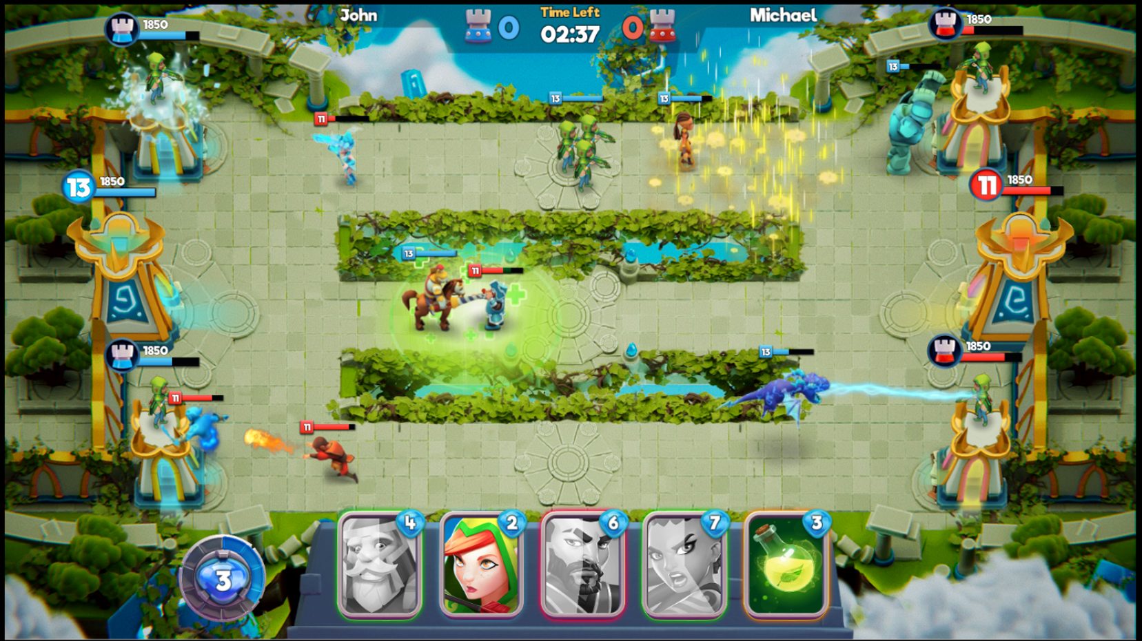 A match in progress: troops on a two-lane map between the players’ castle towers, with a hand of cards below