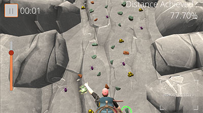 Climbing game: a figure seen from behind scaling a rock face, with a timer and distance achieved