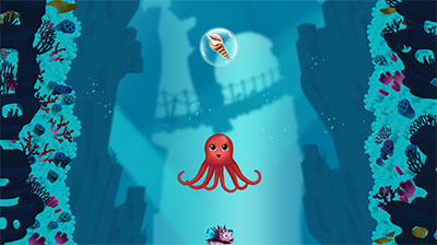 Underwater game: a red octopus swimming up between coral walls